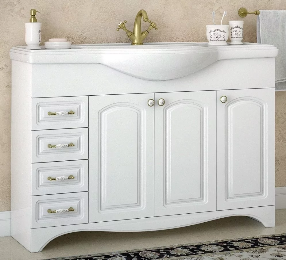 Тумба с раковиной Corozo Классика 120 с корзиной, напольная, 2 двери, 4 ящика, белая