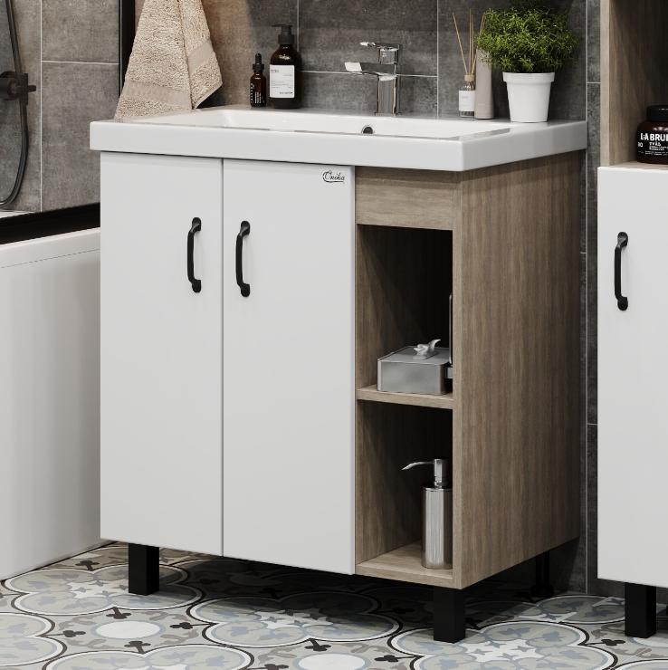 Тумба напольная Onika Тимбер 80 с раковиной Адриана 90, белый матовый, дуб сонома