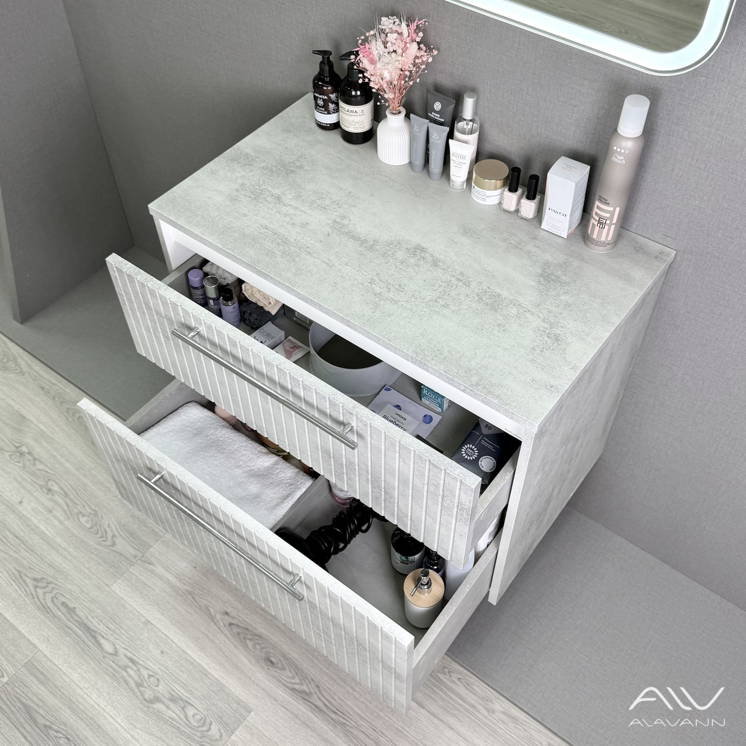 Тумба подвесная Alavann Emma 80 под накладную раковину, серый бетон