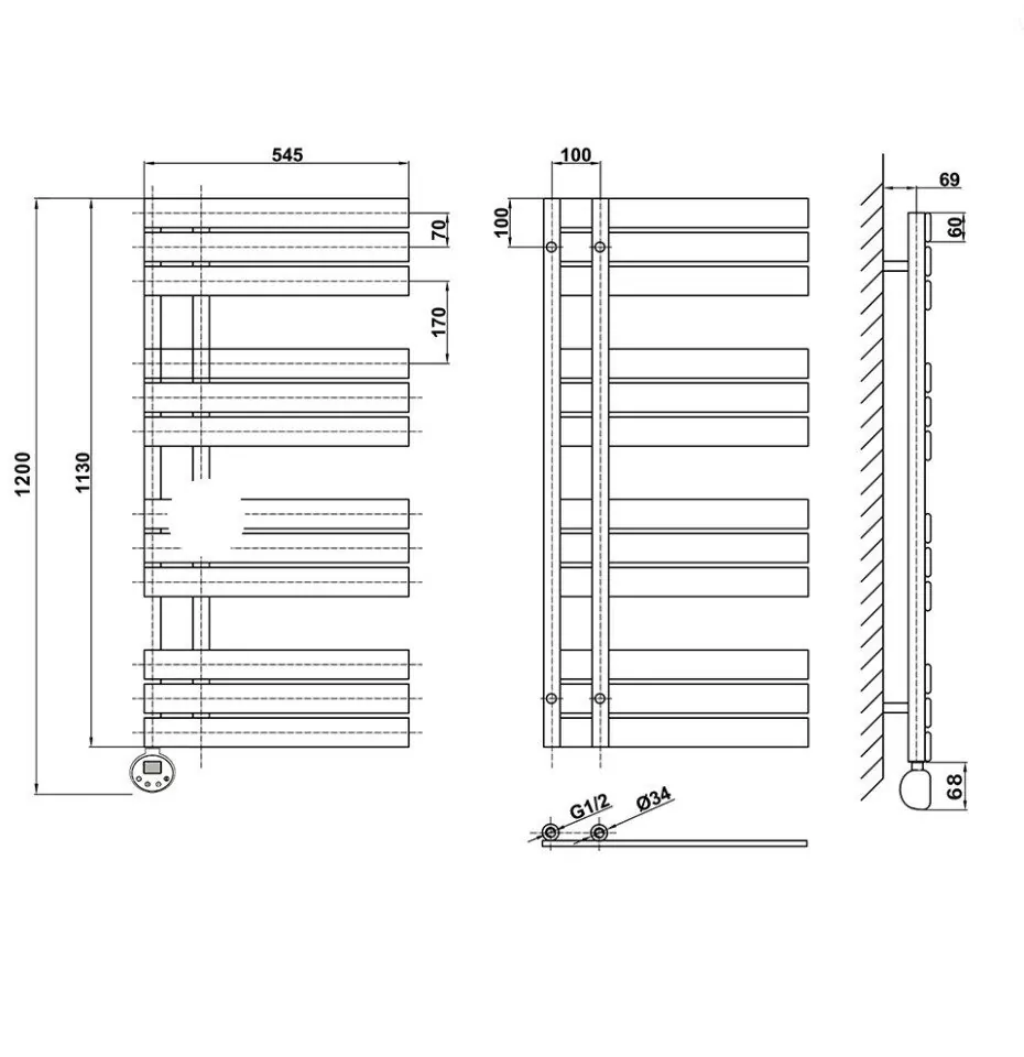 Полотенцесушитель электрический Domoterm Дельта П12 500х1130 EL левый, черный матовый