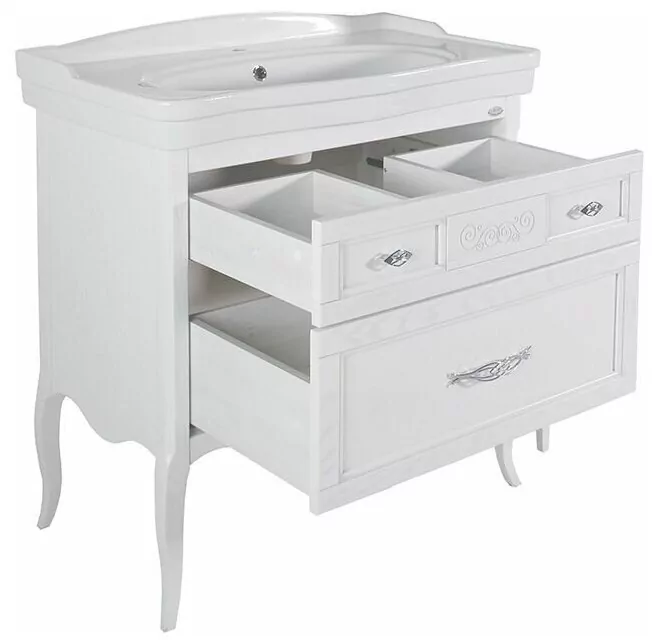 Тумба с раковиной ASB Woodline Модерн 85 напольная, белый, патина серебро