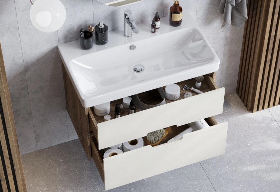 Тумба Aquaton Оливия 80 с раковиной Адриана 80 подвесная, 2 ящика, бежевый, дуб велл