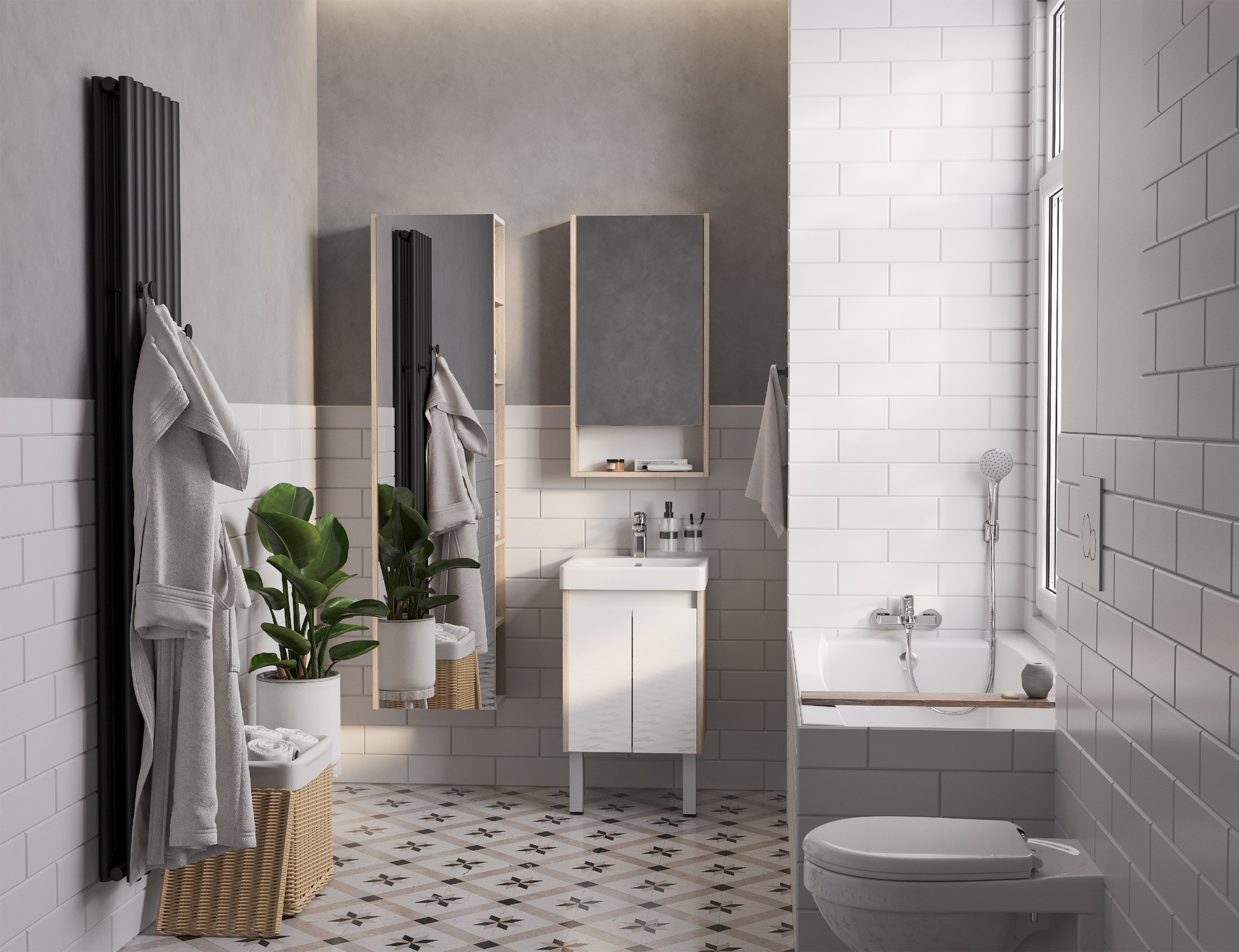 Тумба Aquaton Сканди Doors 45 с раковиной Адриана 45, 2 ящика, подвесная, белый, дуб верона