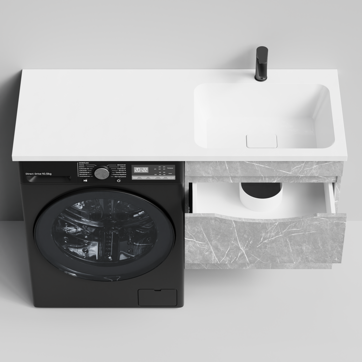 Тумба Vod-ok 58 с раковиной Смайл 120 подвесная, под стиральную машину, правая, Мрамор Белый софт тач