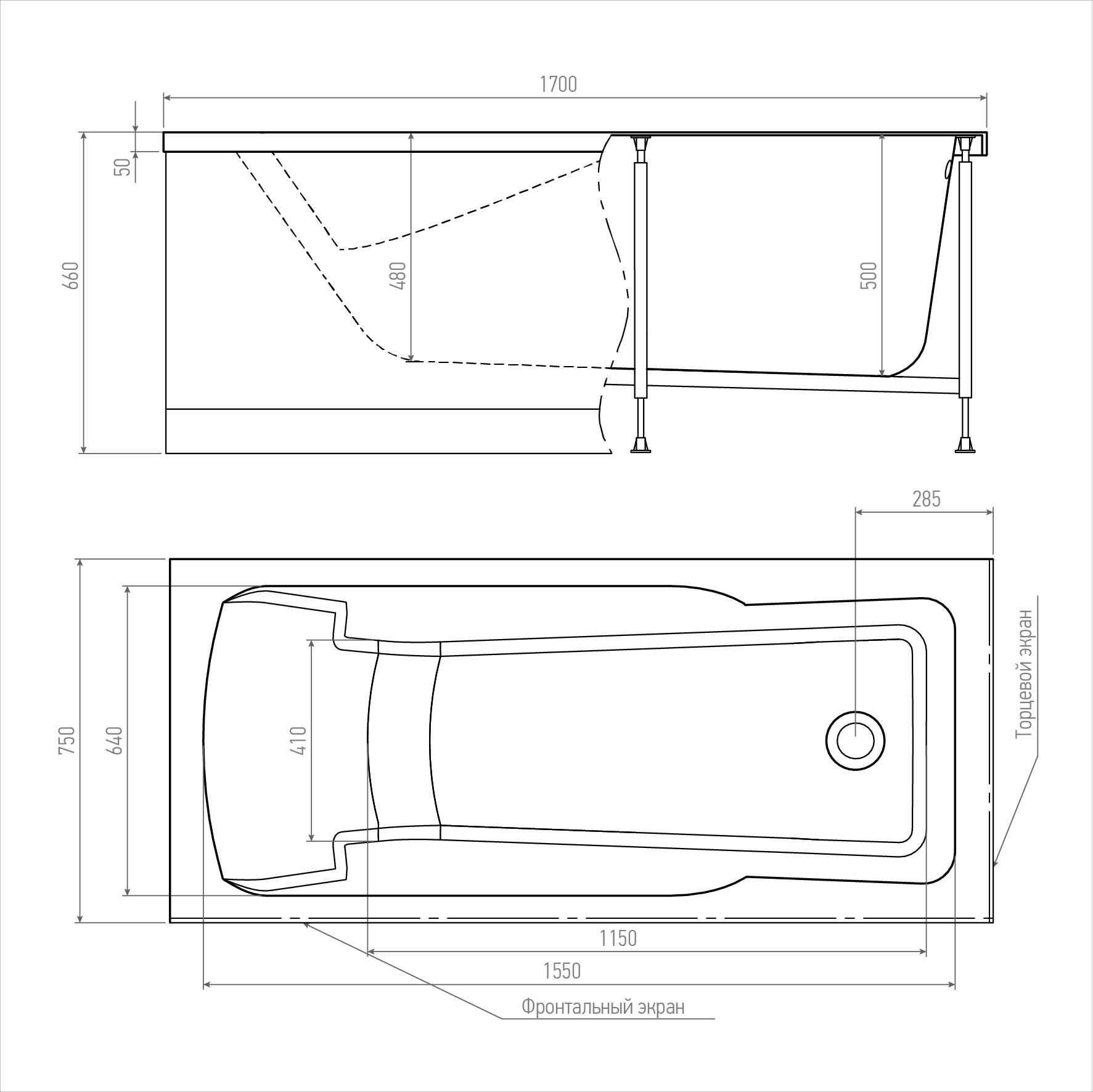 Комплект (4в1) Акриловая ванна TIMO RITTA1775 170*75*63+Каркас + Слив-перелив+Фронтальная панель