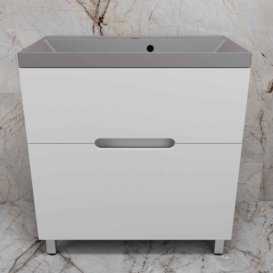 Тумба напольная Style Line "Матис 80" с раковиной ASTI 80 серый шелк, (2 ящика), Белый матовый