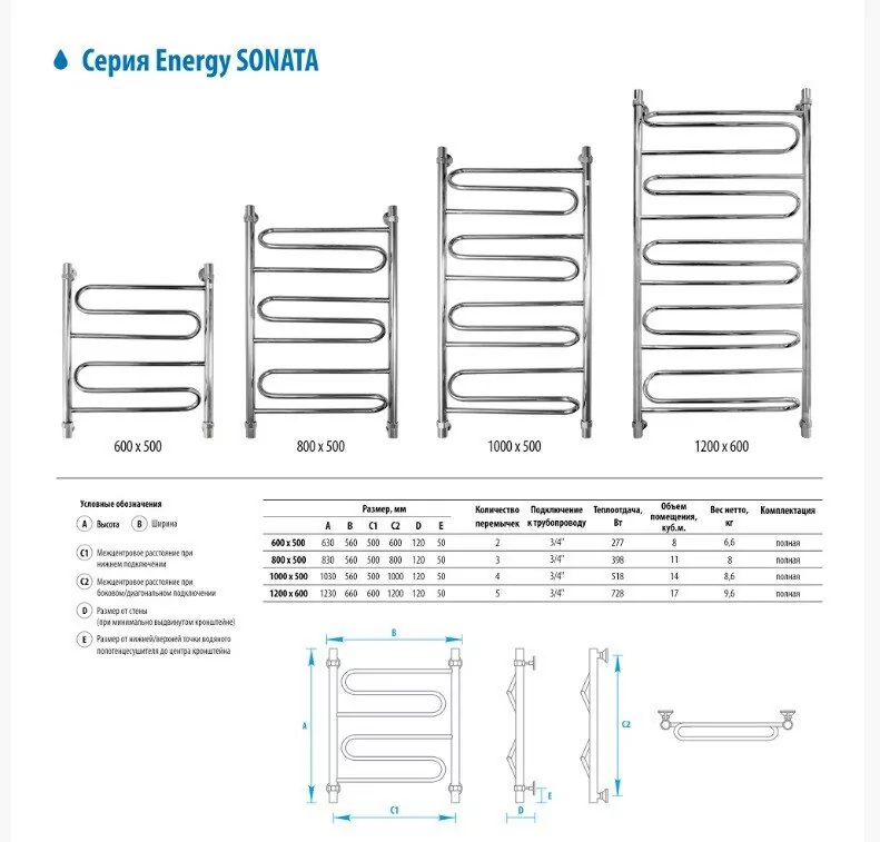 Полотенцесушитель водяной Energy Sonata 800х500 хром