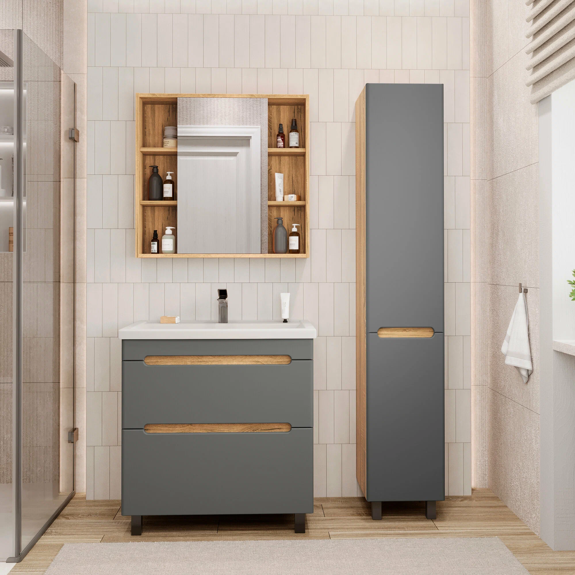 Тумба напольная SanStar Diva 80 с раковиной Como 80 Дуб вотан, графит софт