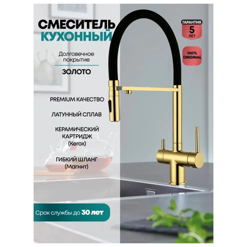 Смеситель для кухни с гибким изливом и подключением фильтра Grocenberg GB4096GO, глянцевое золото от магазина Vanna-Vanna.ru!