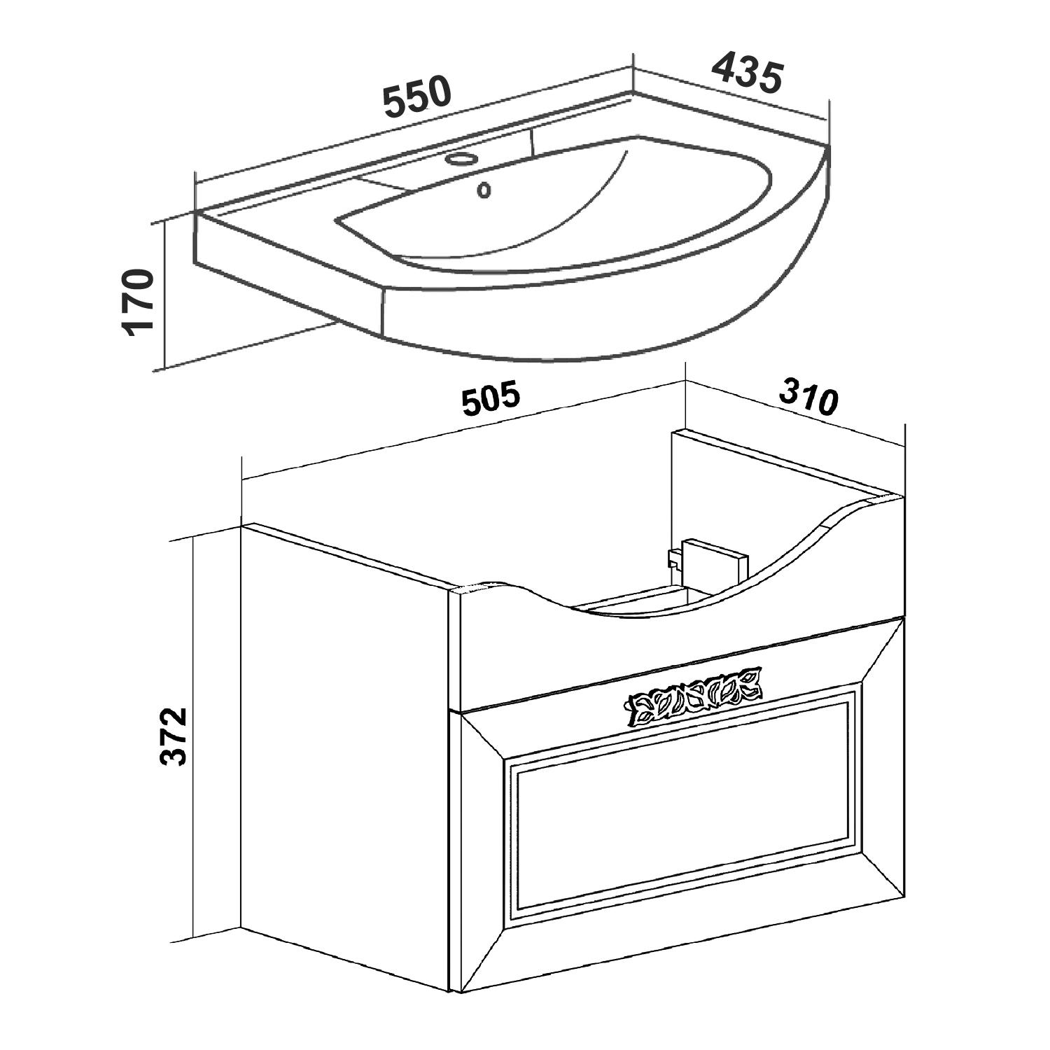 Тумба подвесная Runo Монро 55 с раковиной Элеганс 55, белый