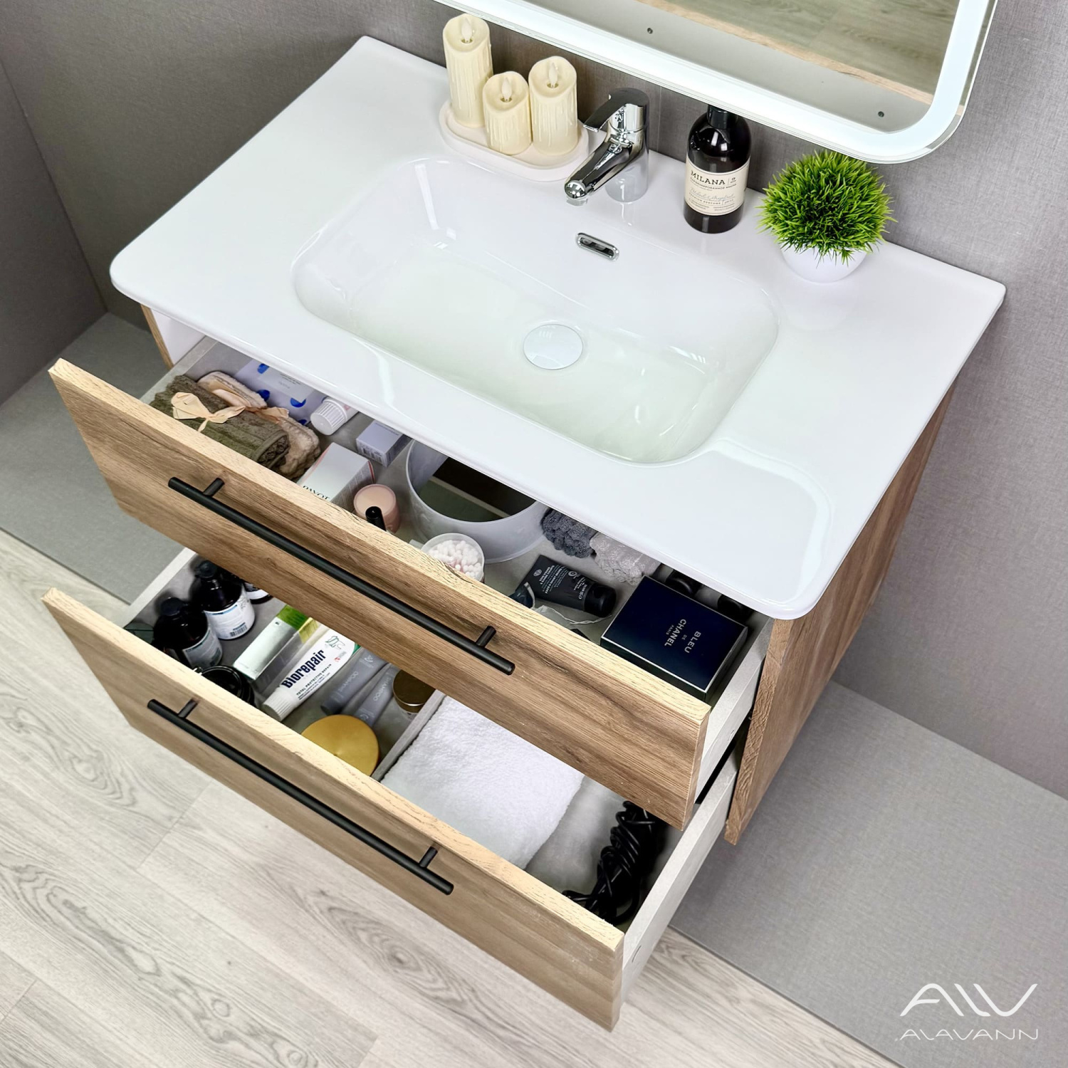 Тумба подвесная Alavann Rondo 80 с раковиной Rado 80, дуб