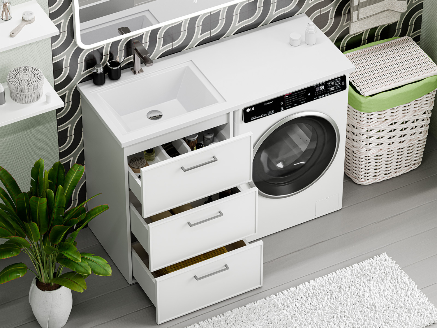 Тумба с раковиной Brevita Frame 55 под стиральную машину напольная левая (белая)