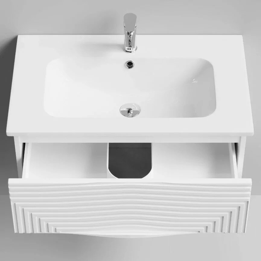 Тумба с раковиной Vod-ok Elite Эйфория 80 F5 волна линии, подвесная, два ящика, белый матовый
