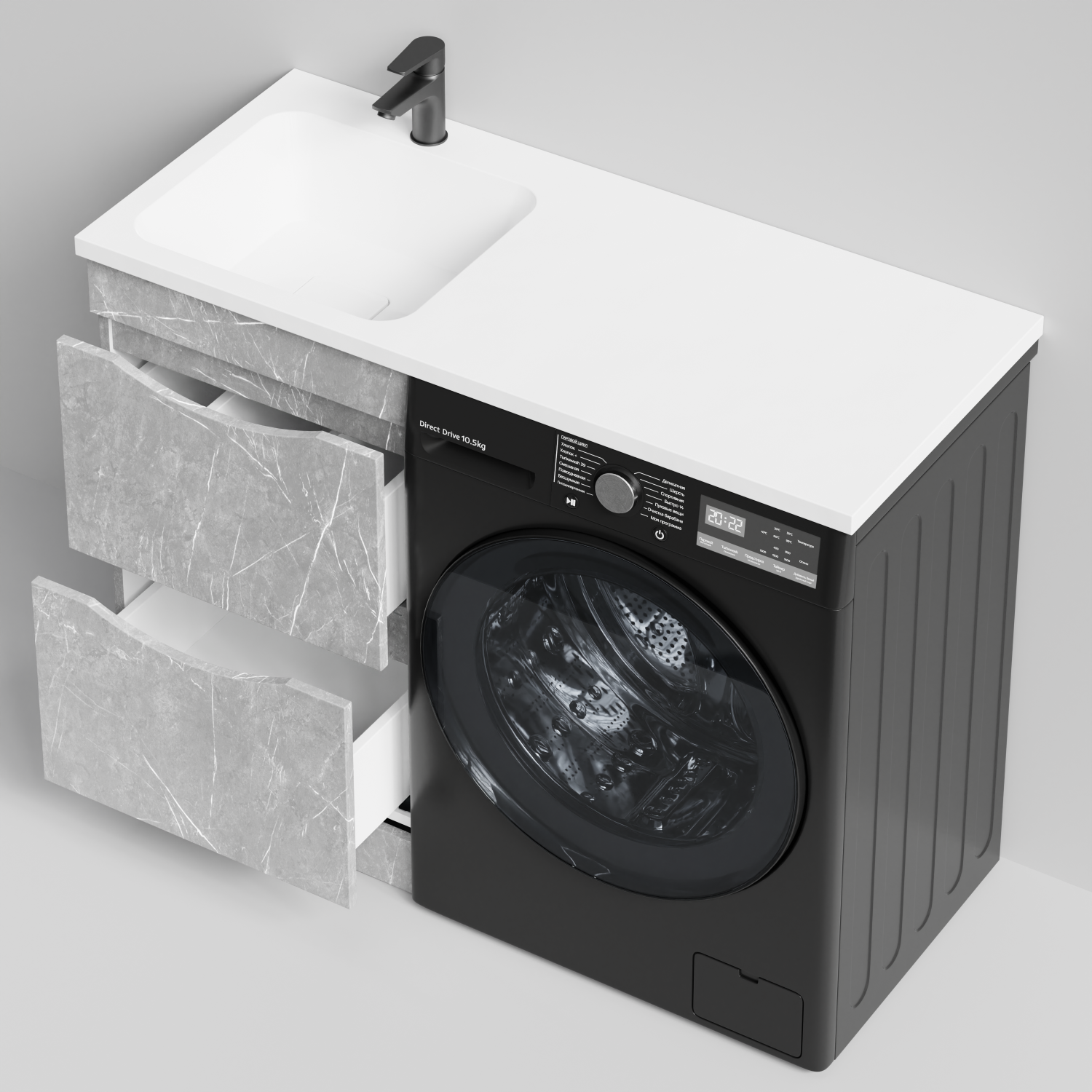 Тумба Vod-ok 48 с раковиной Смайл 110 напольная, под стиральную машину, левая, Мрамор Белый софт тач