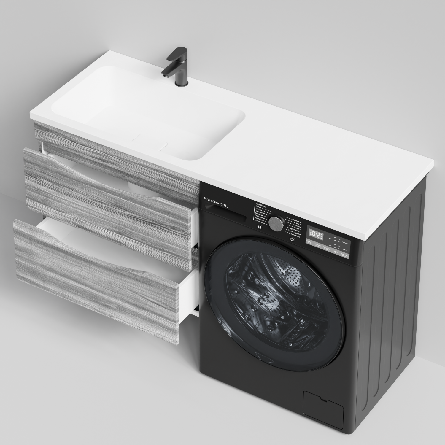 Тумба Vod-ok 68 с раковиной Смайл 130 подвесная, под стиральную машину, левая, Лиственница структурная контрастно-серая