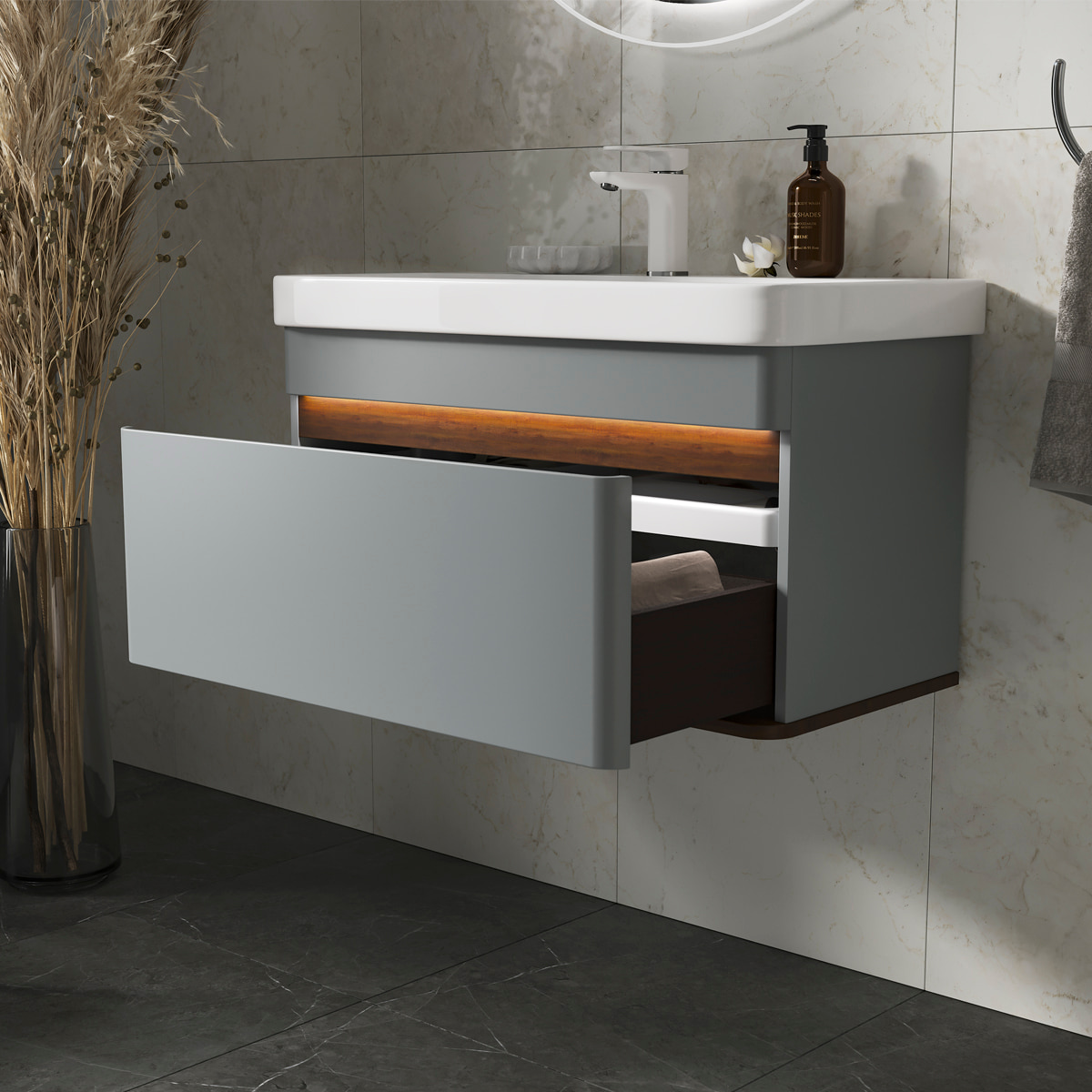 Тумба подвесная EQUIL Elegante с раковиной Nice 80, 1 ящик, мэйджик/дуб голиано