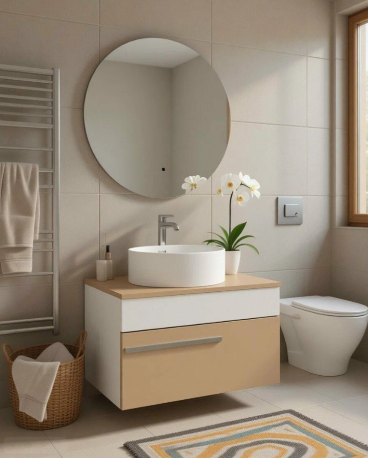 Тумба подвесная Runo Вудлайн 65 с раковиной Palla D41 круг, белый/крем