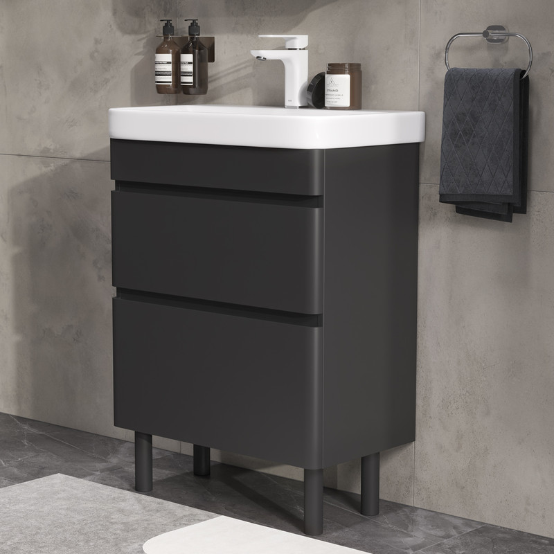 Тумба с раковиной EQUIL Nice 60 напольная, 2 ящика, черный софт