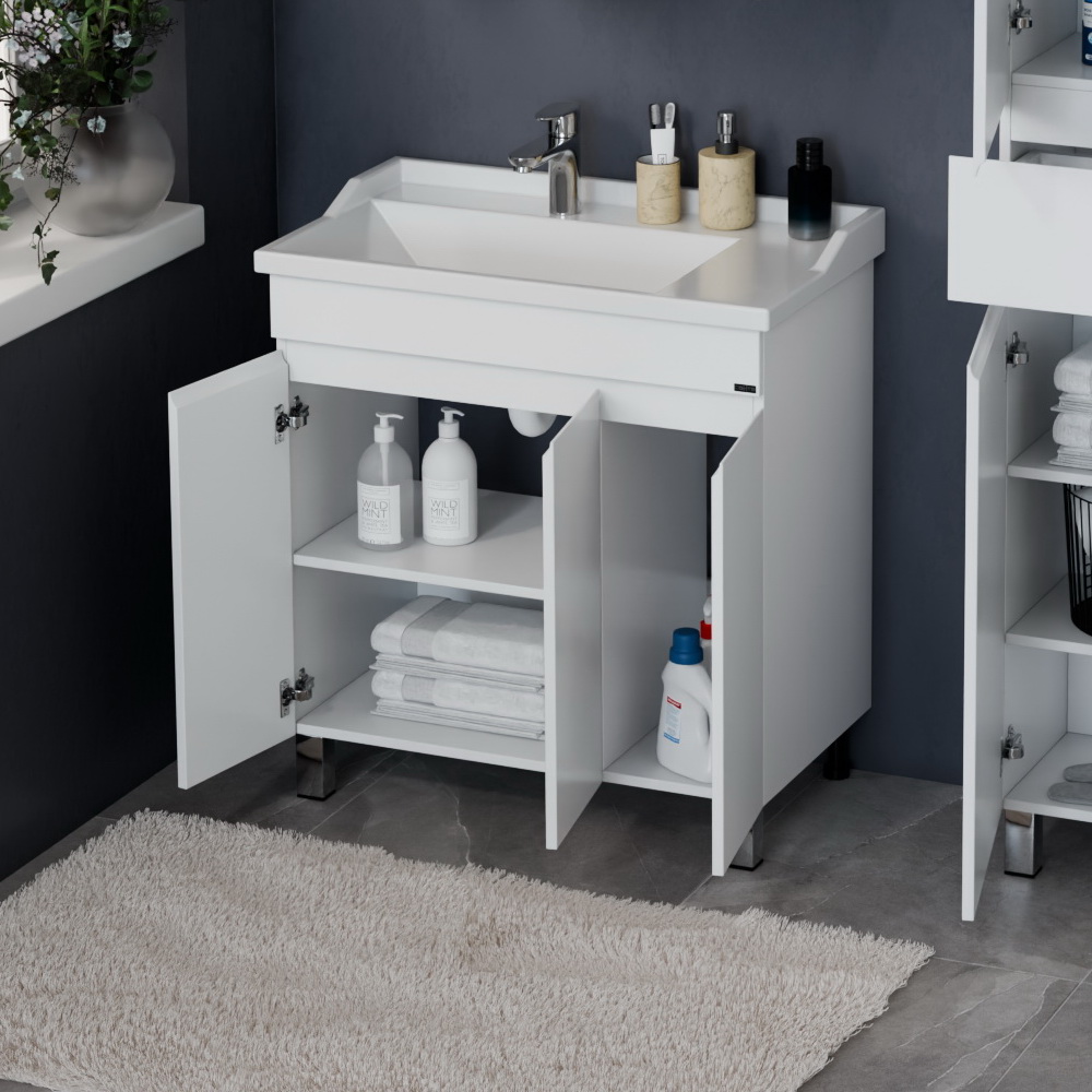 Тумба напольная Санта Марс 80 с раковиной Сириус 80, 3 двери, белый