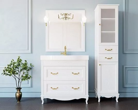 Тумба напольная ValenHouse Лиора 90 с раковиной Грэйс 90, 2 ящика, белый, золото