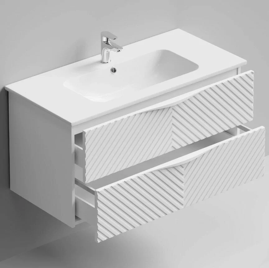 Тумба с раковиной Vod-ok Elite Эйфория 100 F4 елка крупная с ручкой, подвесная, два ящика, белый матовый