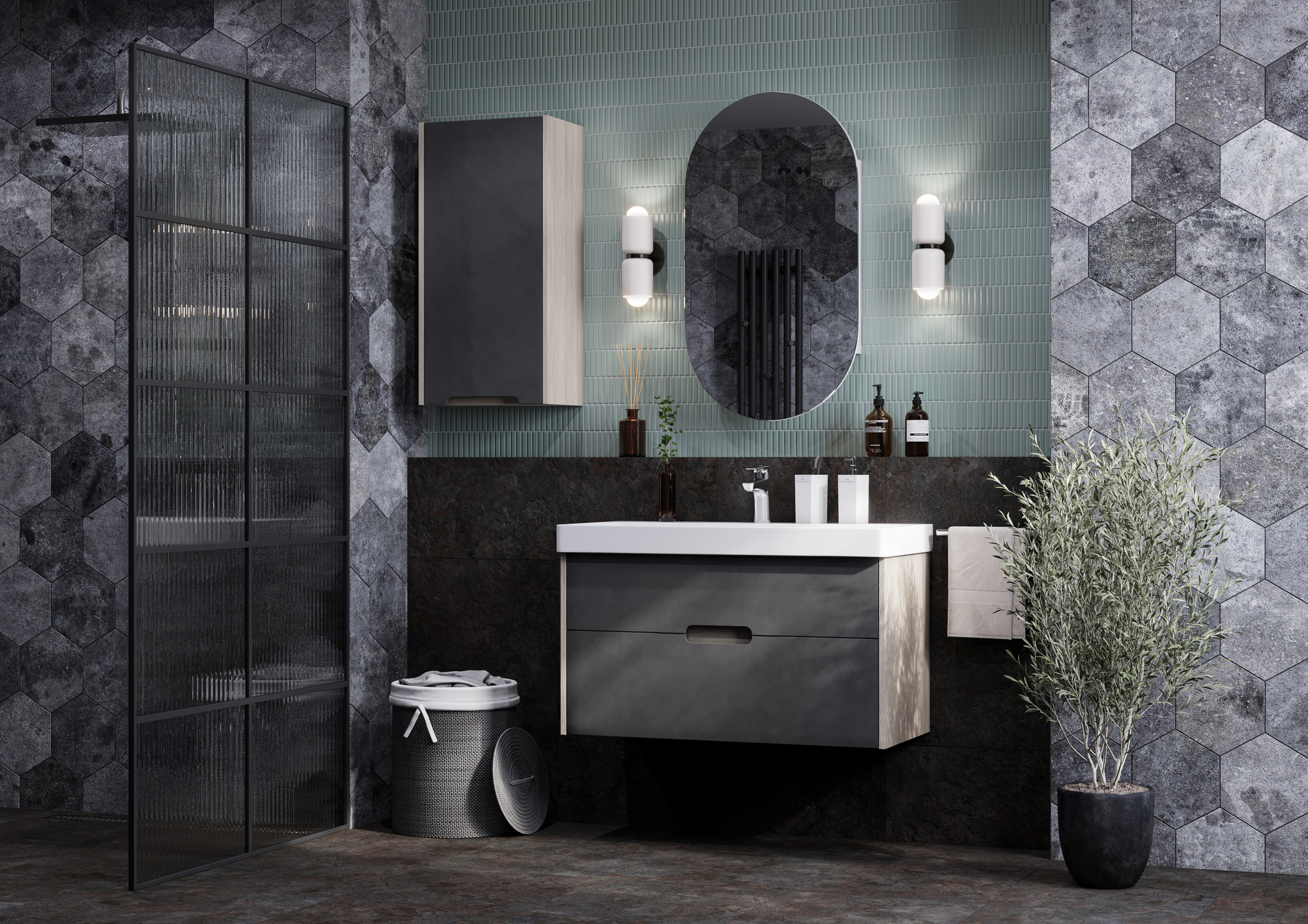 Тумба Aquaton Оливия 90 с раковиной Адриана 90 подвесная, 2 ящика, грей, дуб ойстер