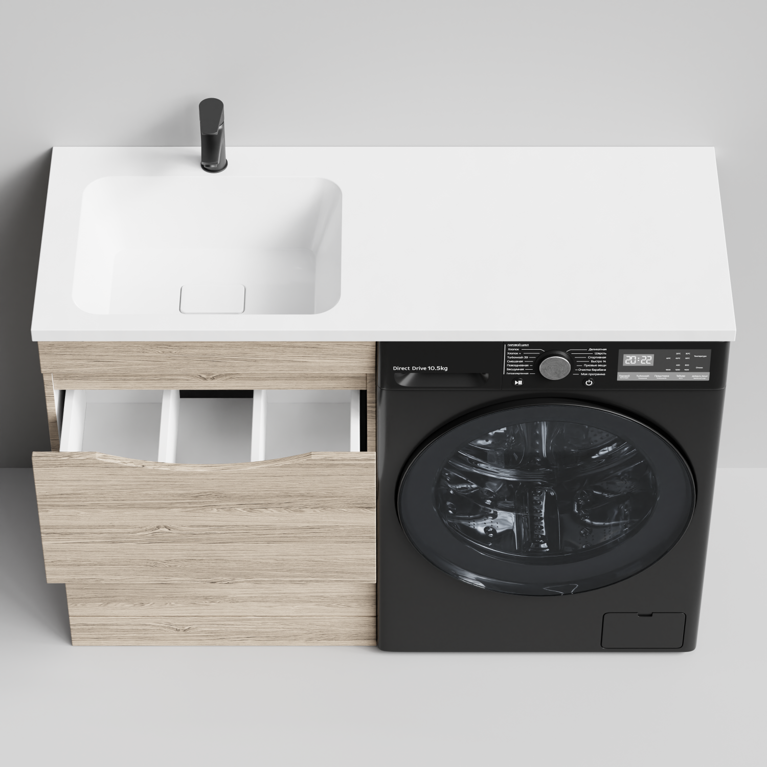 Тумба Vod-ok 58 с раковиной Смайл 120 напольная, под стиральную машину, левая, Дубослив ореховый светлый