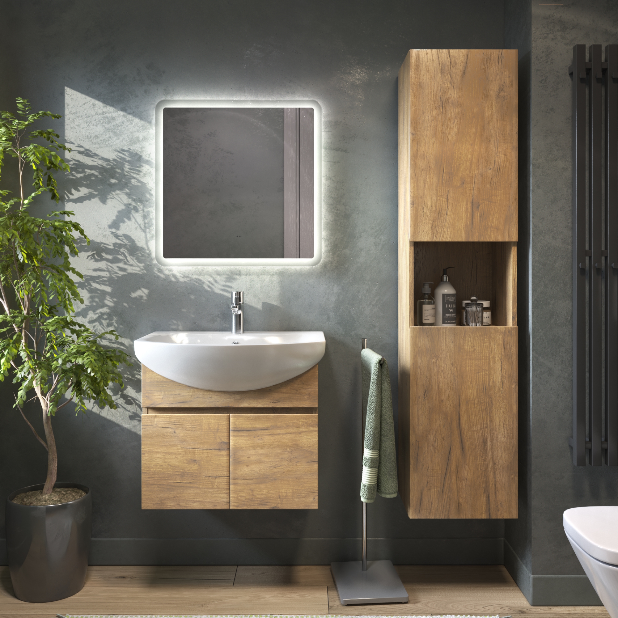 Тумба подвесная Vigo Wing 60 с раковиной Балтика 60, 2 двери, дуб золотой