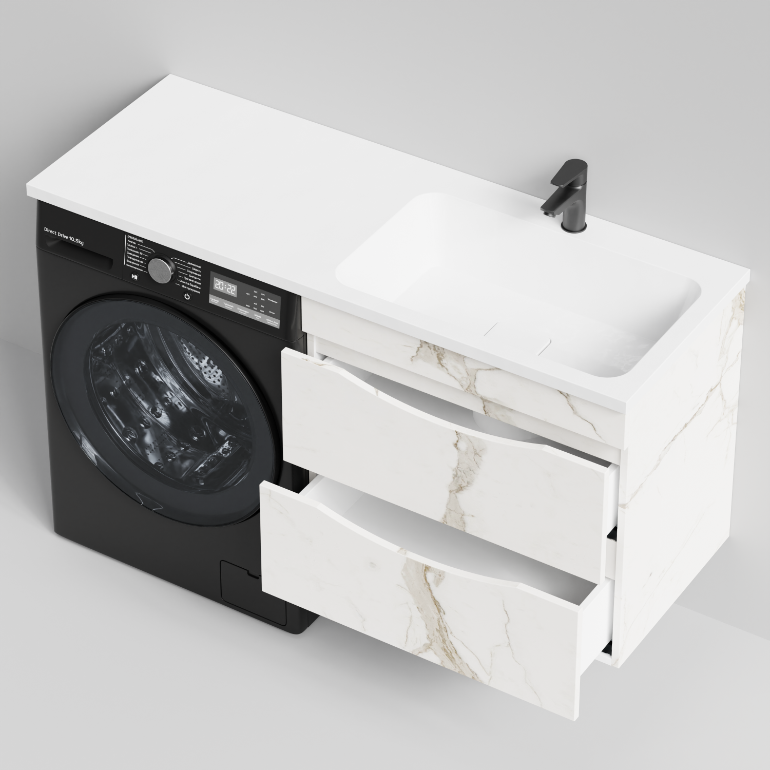 Тумба Vod-ok 68 с раковиной Смайл 130 подвесная, под стиральную машину, правая, Мрамор Белый натур милк