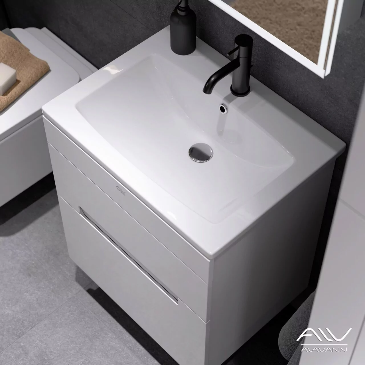 Тумба подвесная Alavann Rita 60 с раковиной Quadro 60, белый