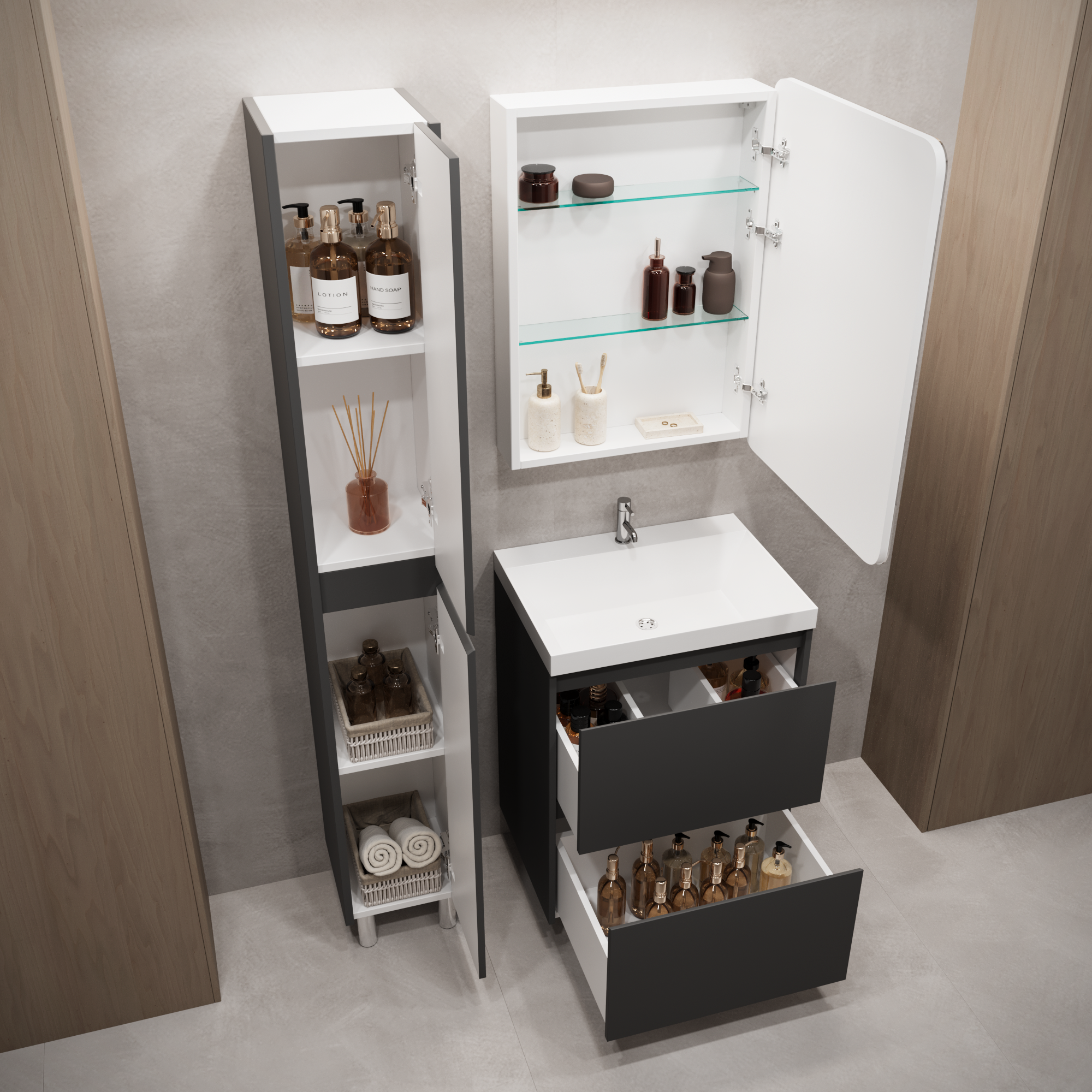 Тумба с раковиной Stella Polar Борнео 60, 2 ящ., Люкс, напольная, графит матовый