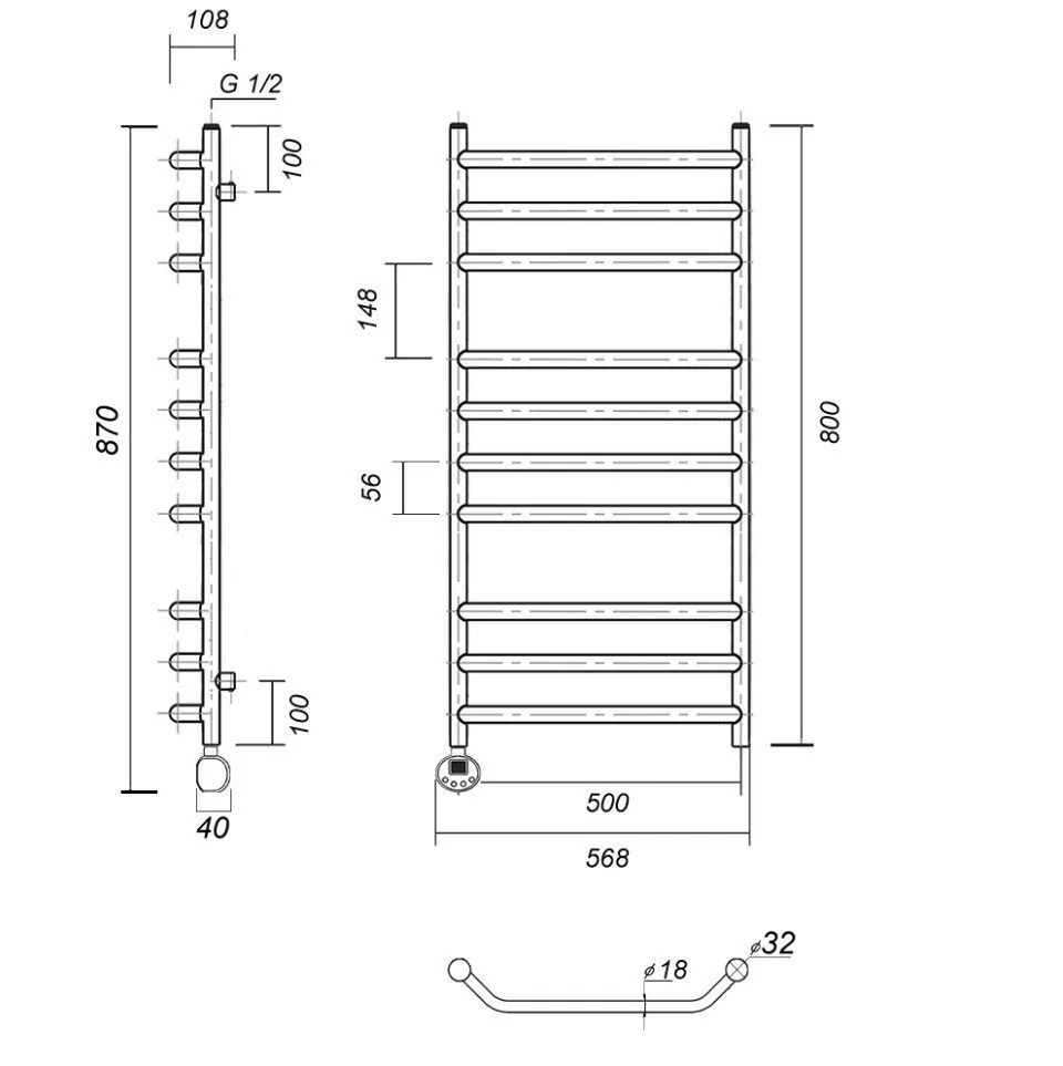 Полотенцесушитель электрический Domoterm Лаура П10 500х800 EL левый, хром