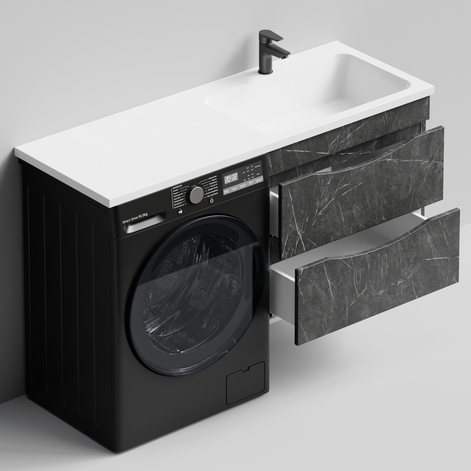 Тумба Vod-ok 68 с раковиной Смайл 130 подвесная, под стиральную машину, правая, Мрамор Графит софт тач