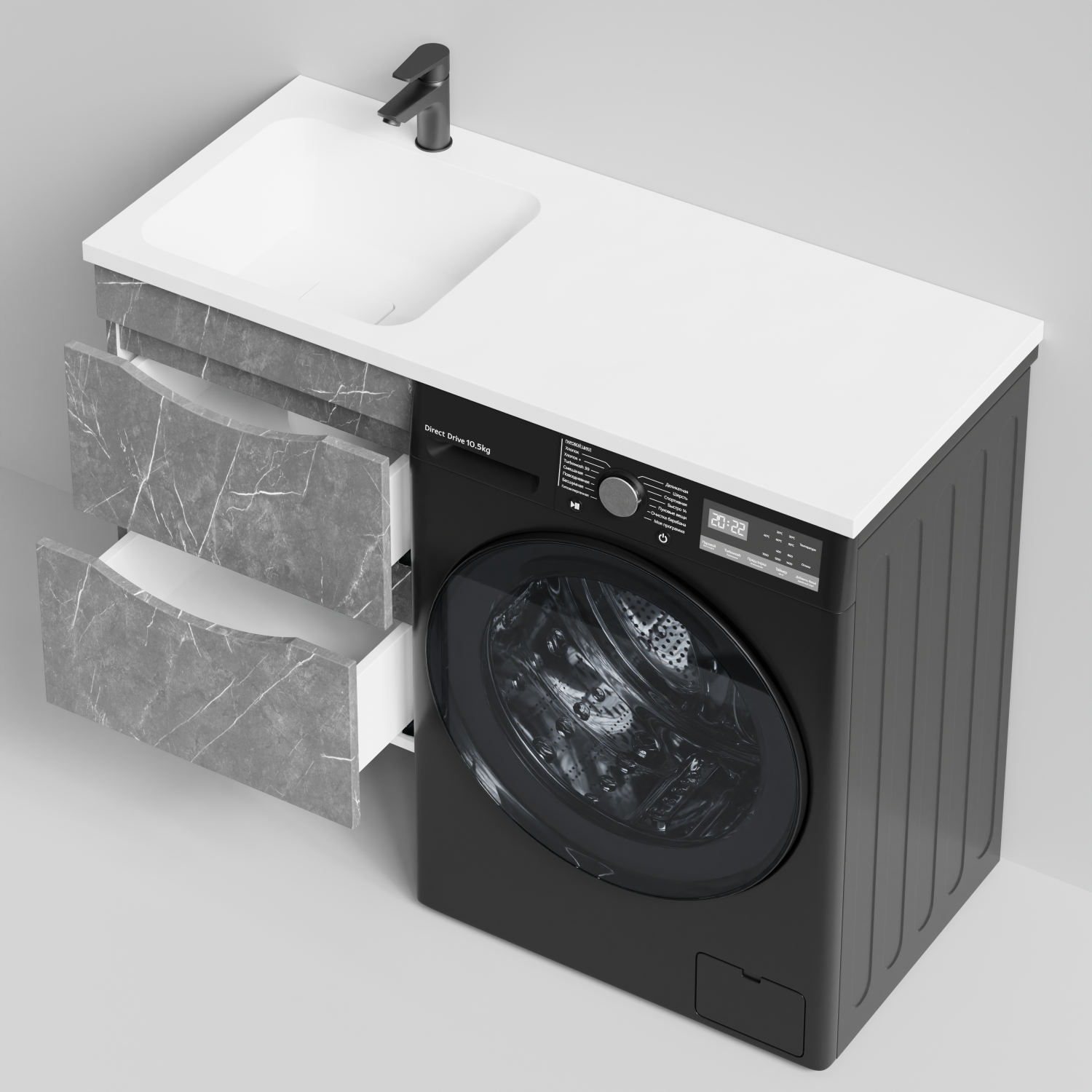 Тумба Vod-ok 48 с раковиной Смайл 110 подвесная, под стиральную машину, левая, Мрамор Серый софт тач