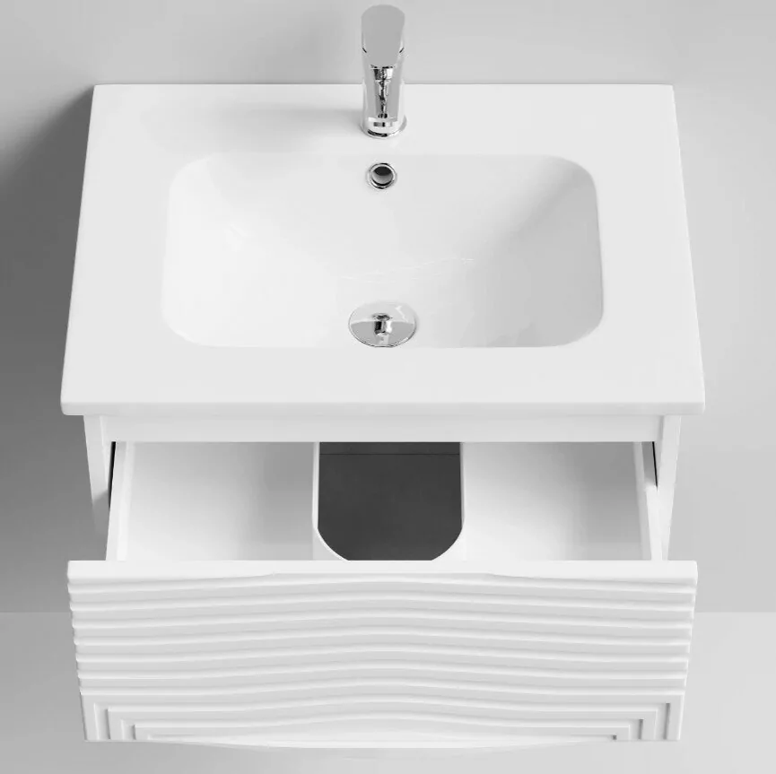 Тумба с раковиной Vod-ok Elite Эйфория 60 F5 волна линии, подвесная, два ящика, белый матовый