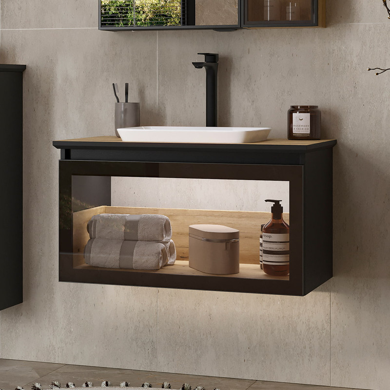 Тумба с раковиной EQUIL Strong 80 подвесная, 1 ящик, дуб черный/дуб эвок