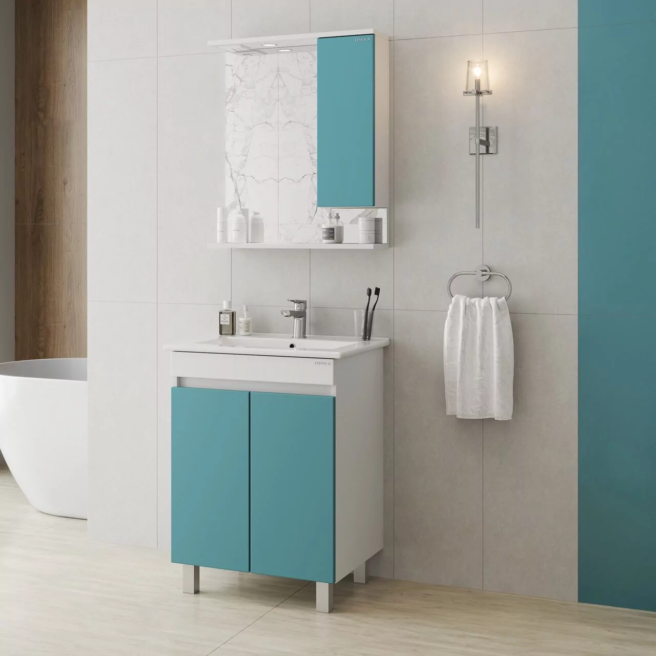 Тумба напольная Onika Марви 60 с раковиной Элина 60, бирюза/белый