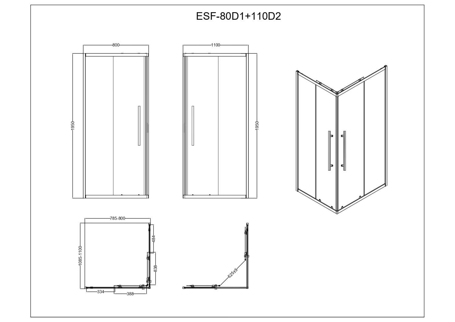 Душевой уголок ESBANO ESF-80D1+110D2-B 80х110х196