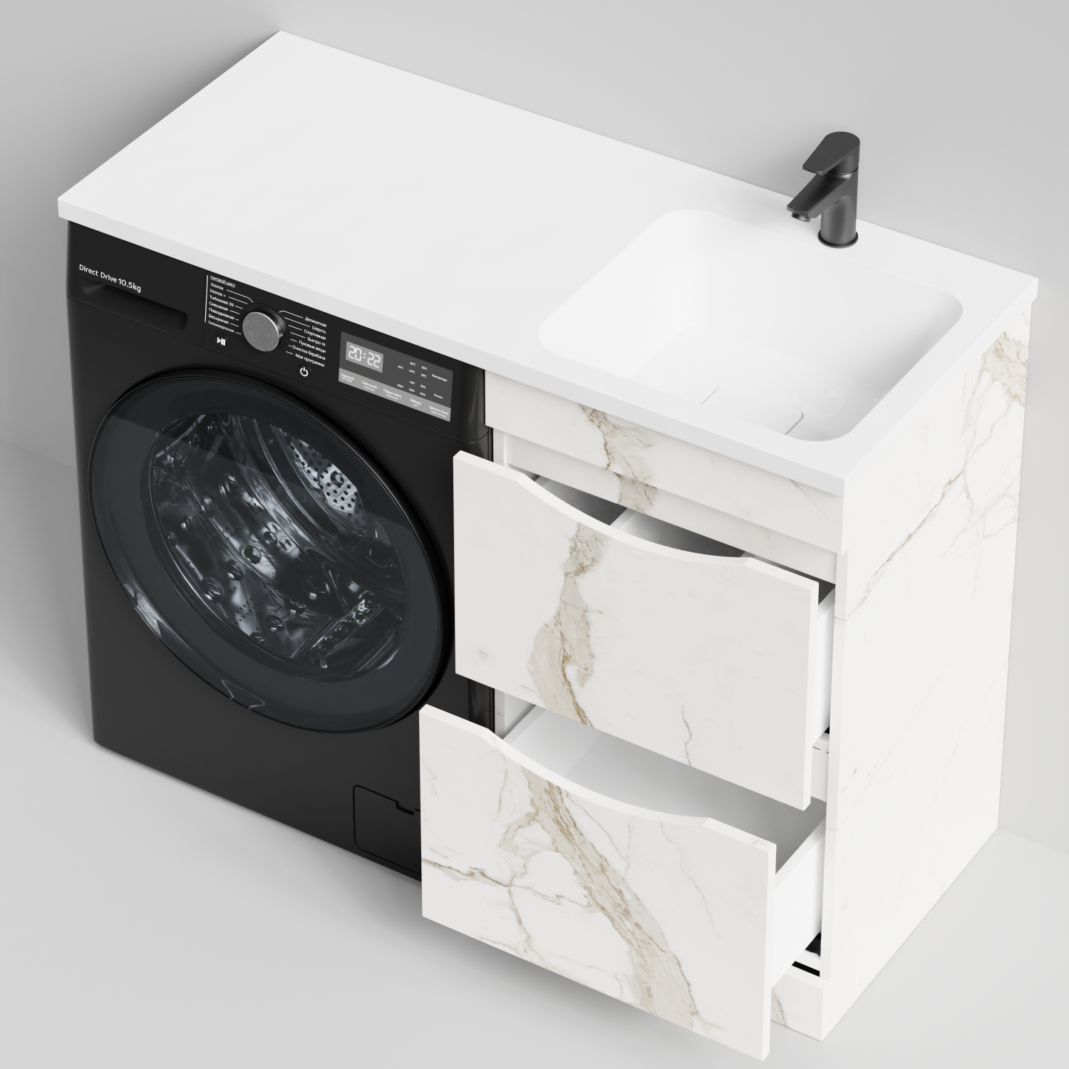 Тумба Vod-ok 48 с раковиной Смайл 110 напольная, под стиральную машину, правая, Мрамор Белый натур милк