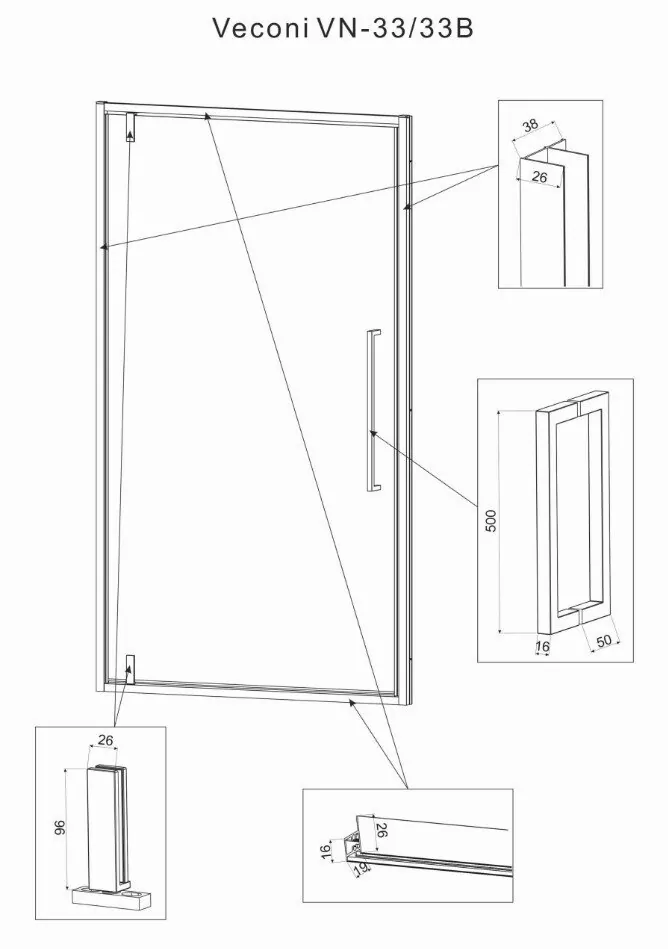 Душевая дверь Veconi VN33B-90 в нишу, распашная, прозрачное стекло, черный матовый