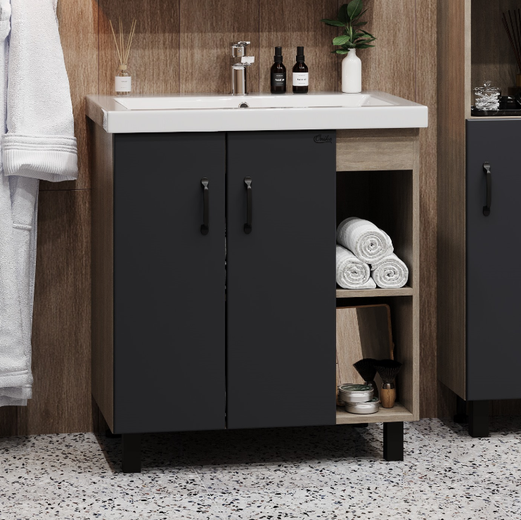 Тумба напольная Onika Тимбер 90 с раковиной Адриана 90, серый матовый/дуб сонома