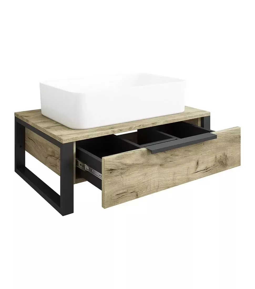 Тумба подвесная Sanflor Гард 70 с раковиной Олимпия 56, дуб крафт золотой/черный