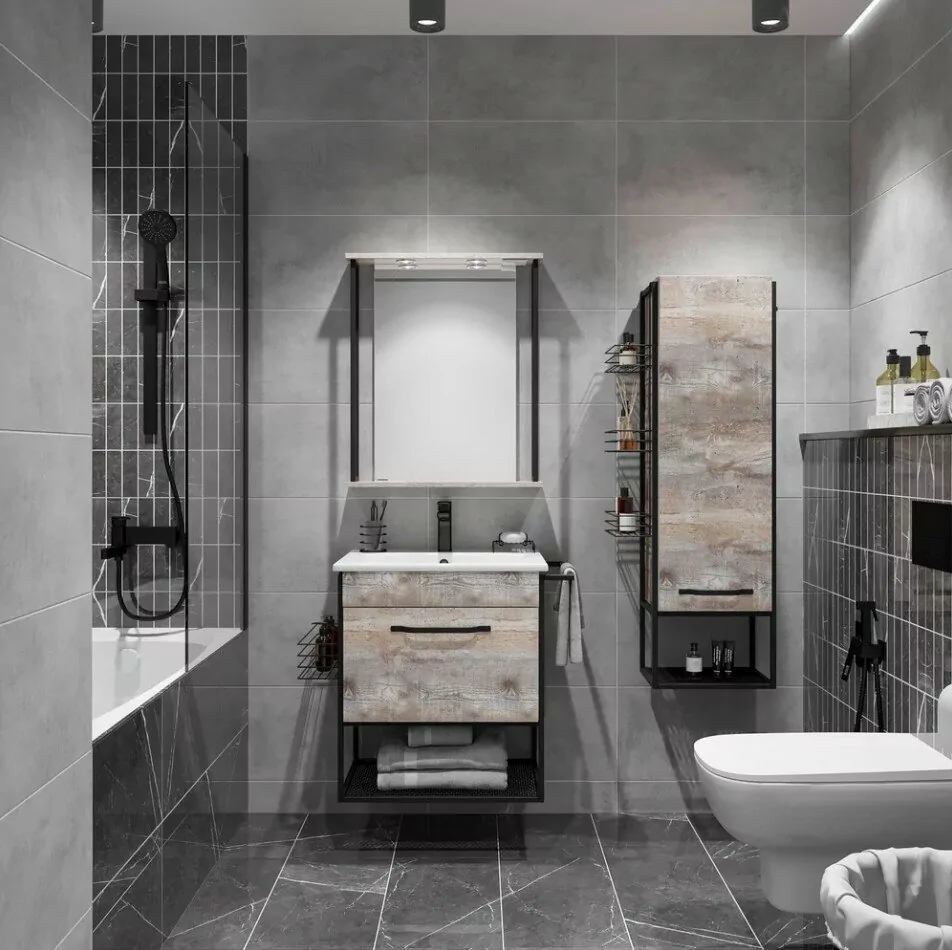 Пенал Sanflor Бруклин 50 L/R подвесной, с открытой полкой, бетон пайн, экзотик