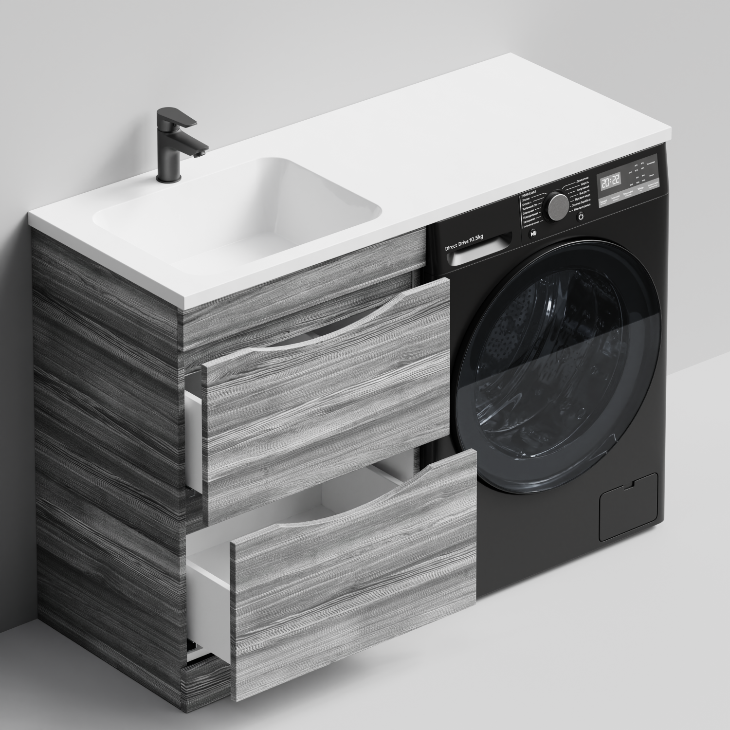 Тумба Vod-ok 58 с раковиной Смайл 120 напольная, под стиральную машину, левая, Лиственница структурная контрастно-серая