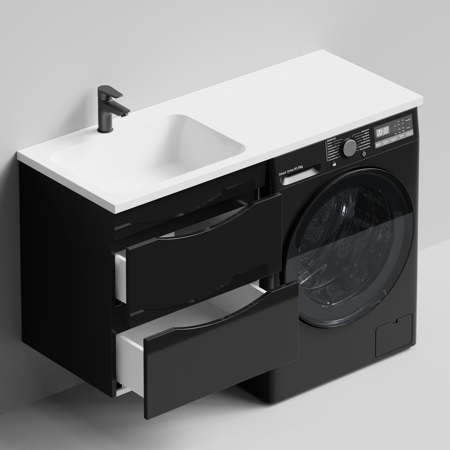 Тумба Vod-ok 58 с раковиной Смайл 120 подвесная, под стиральную машину, левая, черный глянец