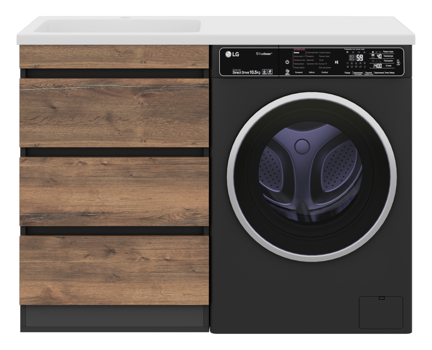Тумба с раковиной Misty Коломбо 60 под стиральную машину с раковиной Эстет Даллас 120 R, дуб галифакс/антрацит