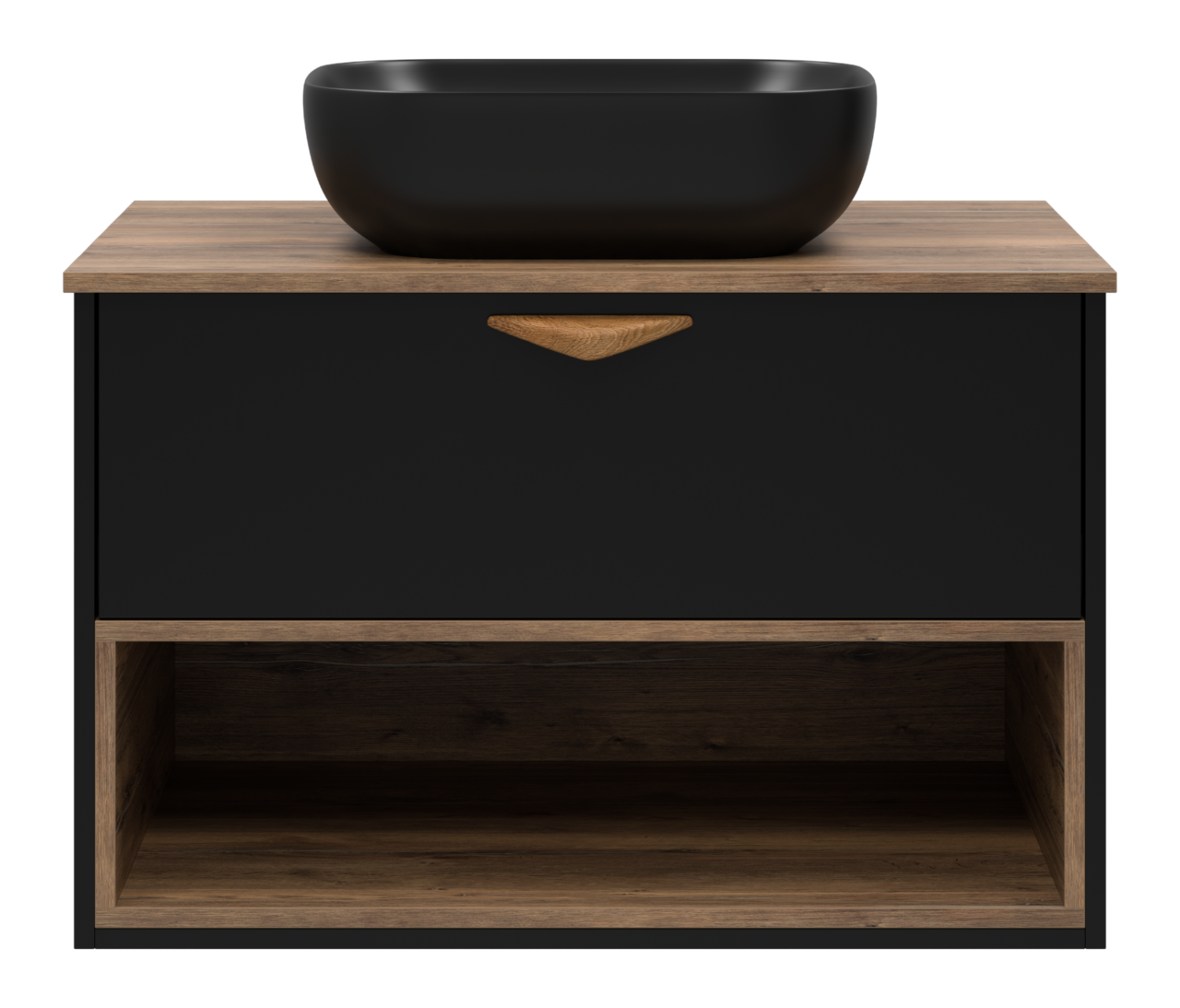 Тумба с раковиной Brevita Bergen 80 с подсветкой подвесная, черный/дуб галифакс