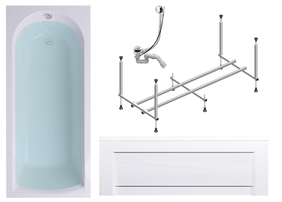 Комплект (4в1) Акриловая ванна TIMO MIKA1870 180*70*58+Каркас+Слив-перелив+фронтальная панель