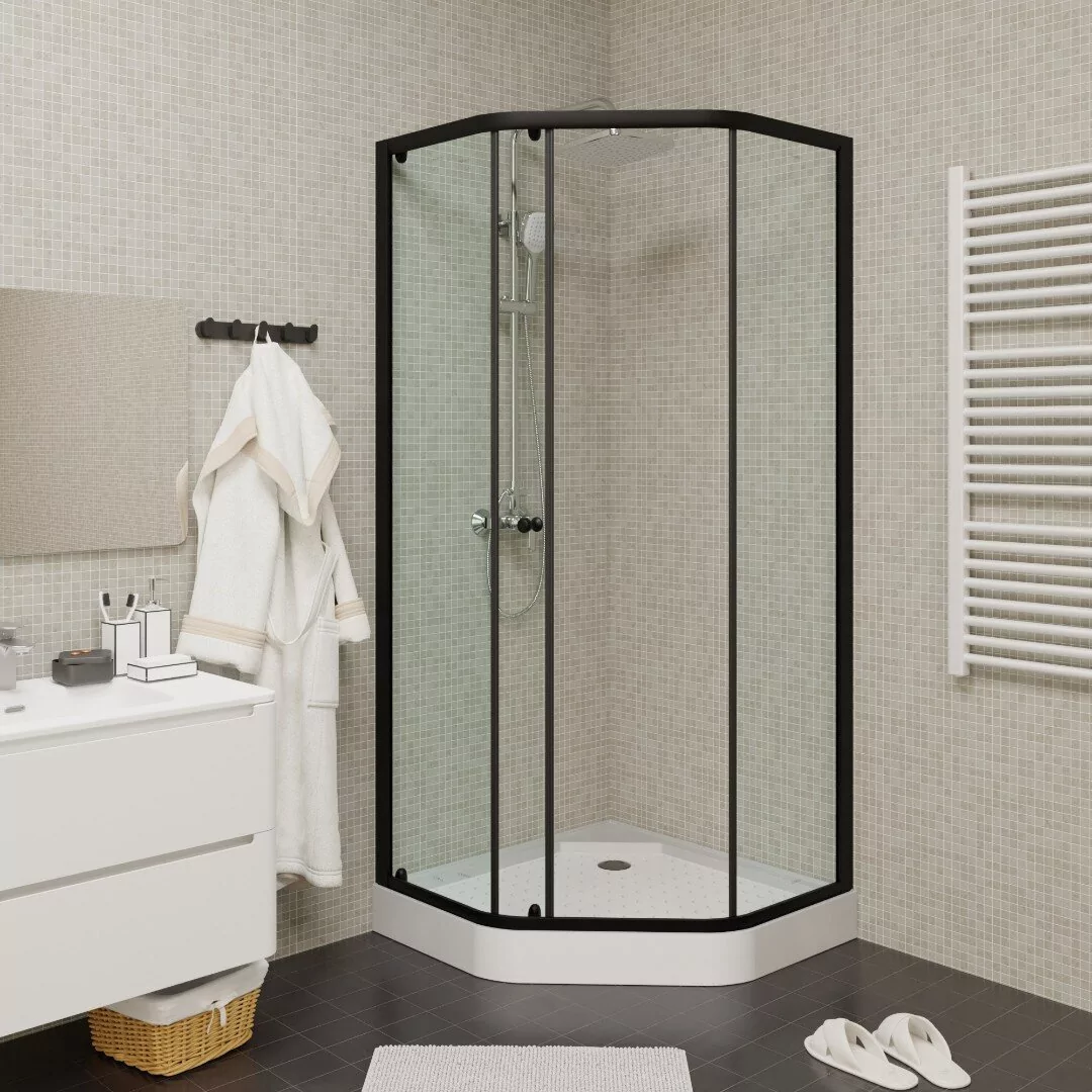 Душевой уголок Parly ZEP91B пятиугольный, с низким поддоном, прозрачное стекло, черный