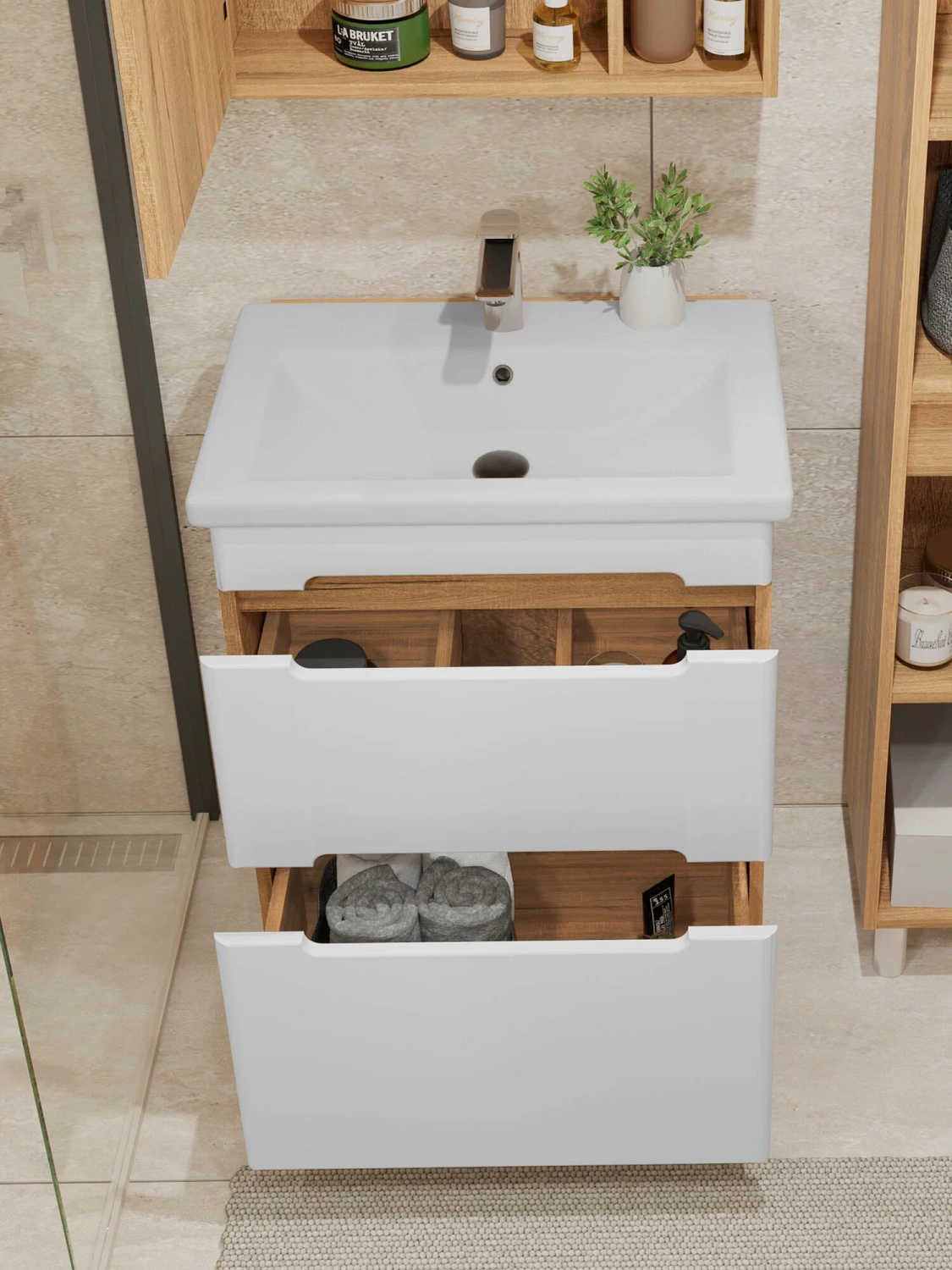 Тумба напольная SanStar Diva 50 с раковиной Фест 50 белый, Дуб вотан